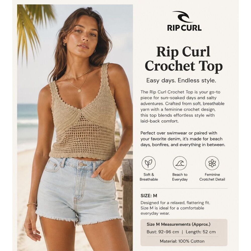 Rip Curl Crochet Knit Tank Top Size M Beige Boho Beach Summer Festival Cami